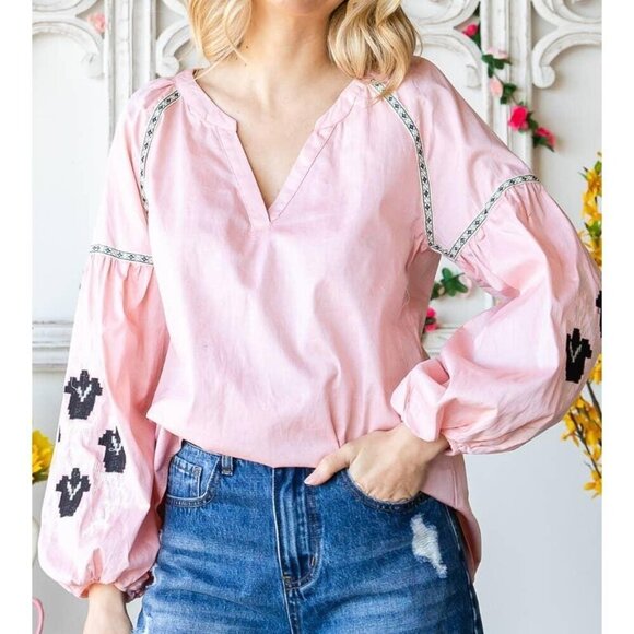 Band Collar Embroidered Puff Sleeve Peasant Blouse - Picture 2 of 11